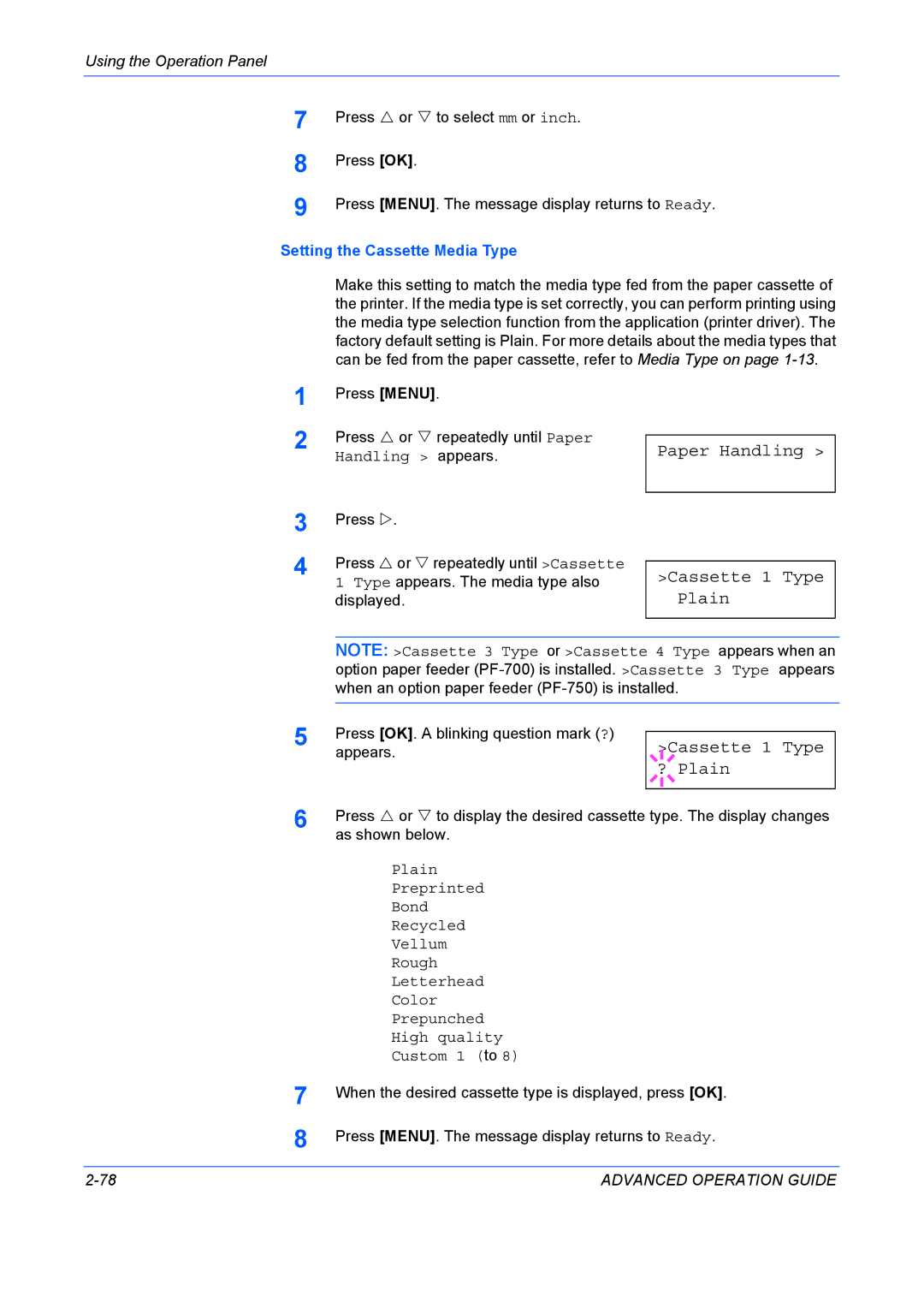 Kyocera 9530DN manual Paper Handling Cassette 1 Type Plain, Cassette 1 Type ? Plain, Setting the Cassette Media Type 