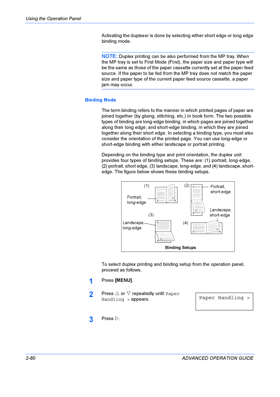 Kyocera 9530DN manual Paper Handling, Binding Mode 