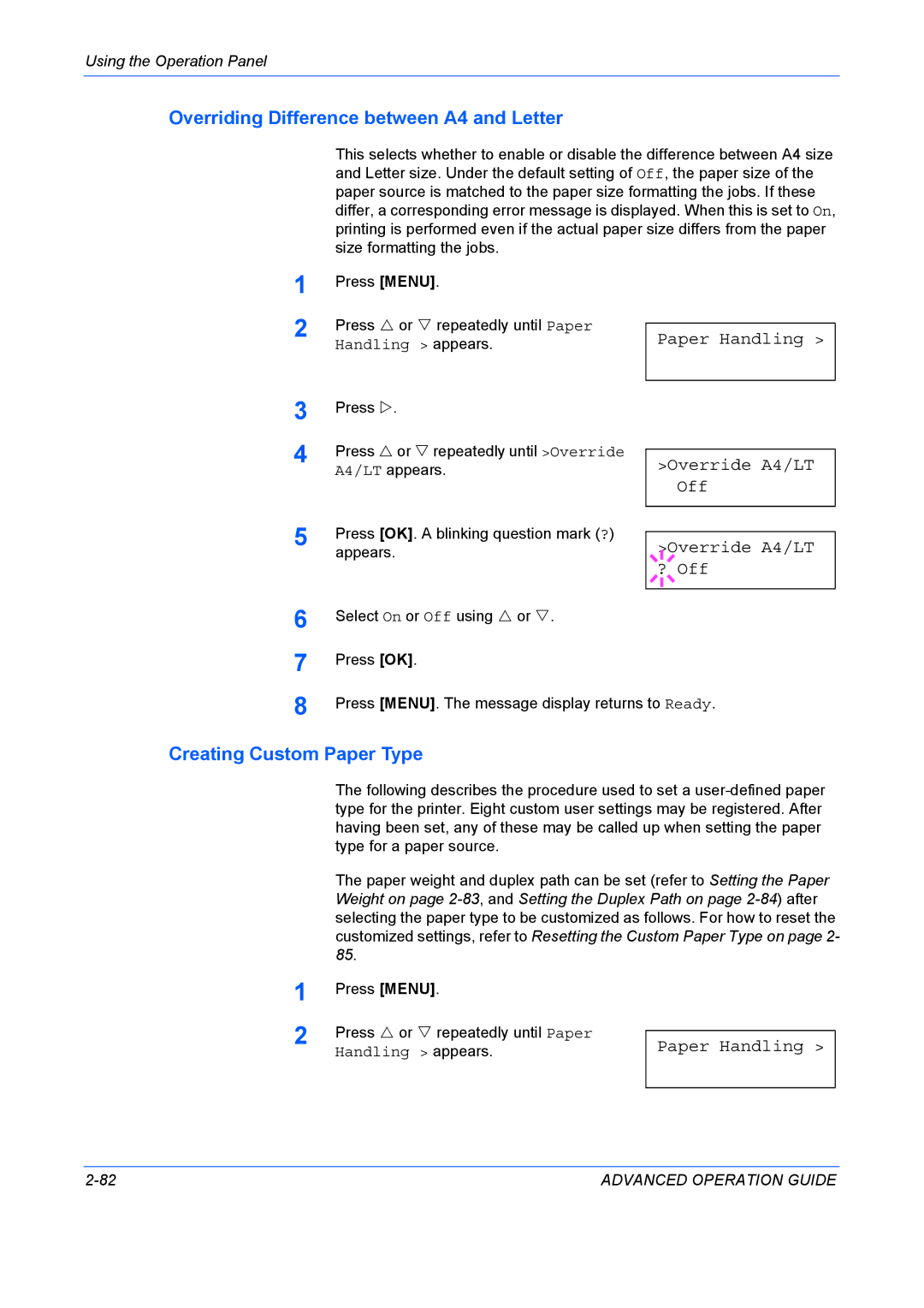 Kyocera 9530DN manual Overriding Difference between A4 and Letter, Creating Custom Paper Type 