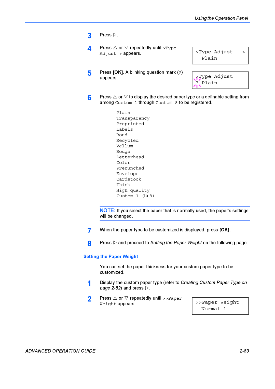 Kyocera 9530DN manual Type Adjust Plain ? Plain, Paper Weight Normal, Setting the Paper Weight 