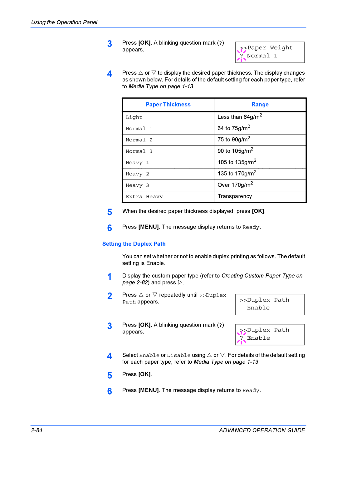 Kyocera 9530DN manual Paper Weight ? Normal, Duplex Path Enable ? Enable, Paper Thickness Range, Setting the Duplex Path 