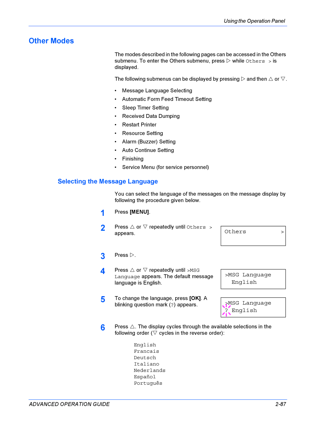 Kyocera 9530DN manual Other Modes, Selecting the Message Language, Others MSG Language English ? English 