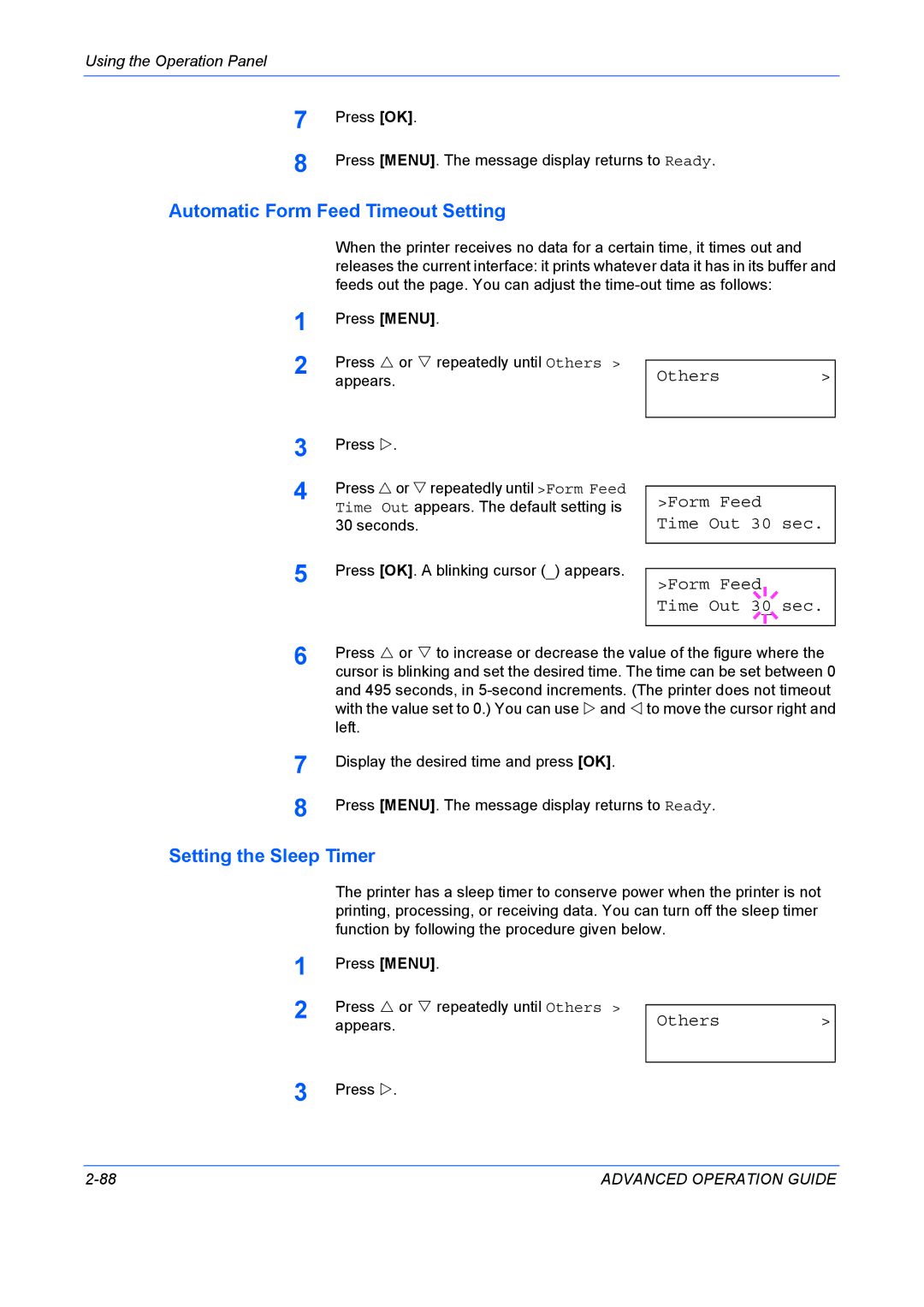 Kyocera 9530DN manual Automatic Form Feed Timeout Setting, Setting the Sleep Timer, Others Form Feed Time Out 30 sec 