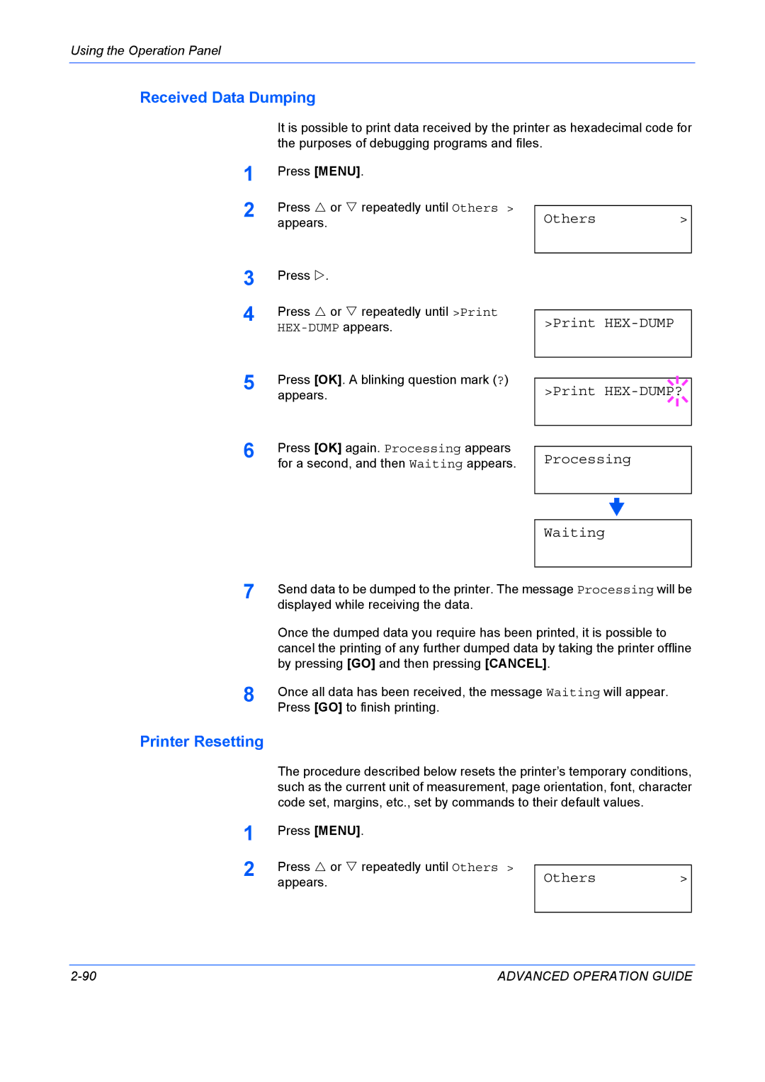 Kyocera 9530DN manual Received Data Dumping, Printer Resetting, Others Print HEX-DUMP, Print HEX-DUMP?, Processing Waiting 