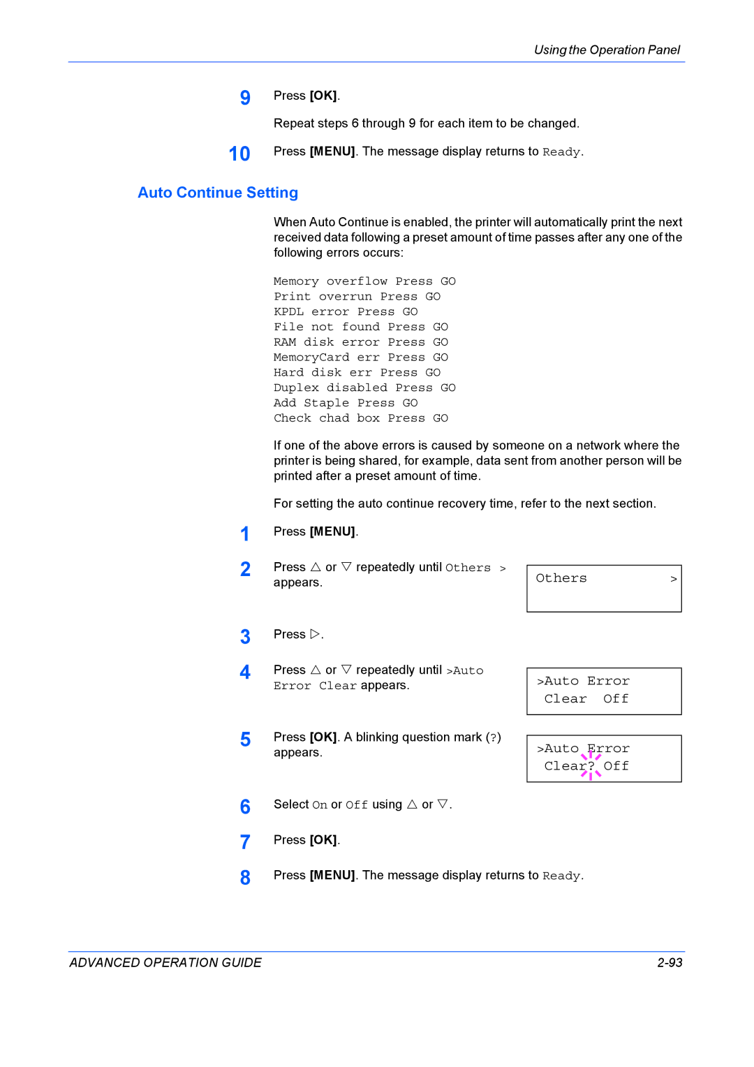 Kyocera 9530DN manual Auto Continue Setting, Others Auto Error Clear Off Clear? Off 