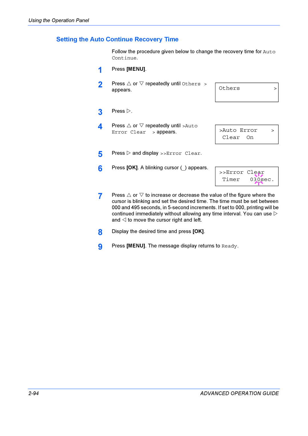 Kyocera 9530DN manual Setting the Auto Continue Recovery Time, Auto Error Clear On Error Clear Timer 030sec 