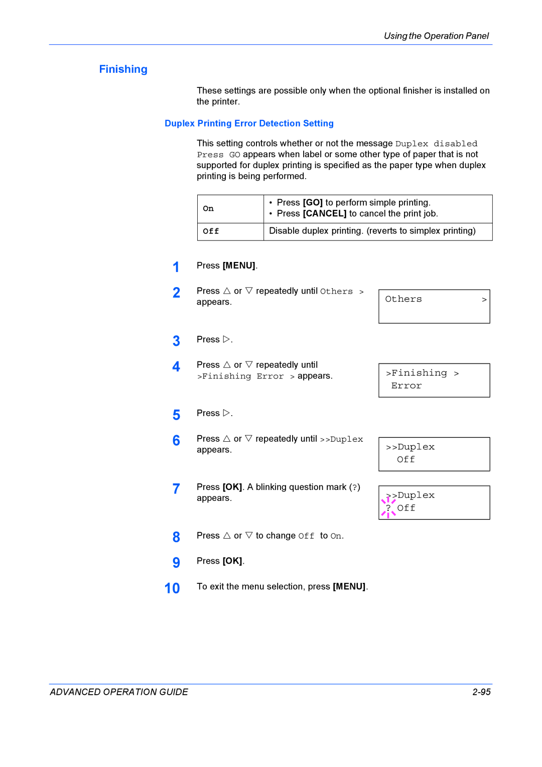 Kyocera 9530DN manual Others Finishing Error Duplex Off ? Off, Duplex Printing Error Detection Setting 