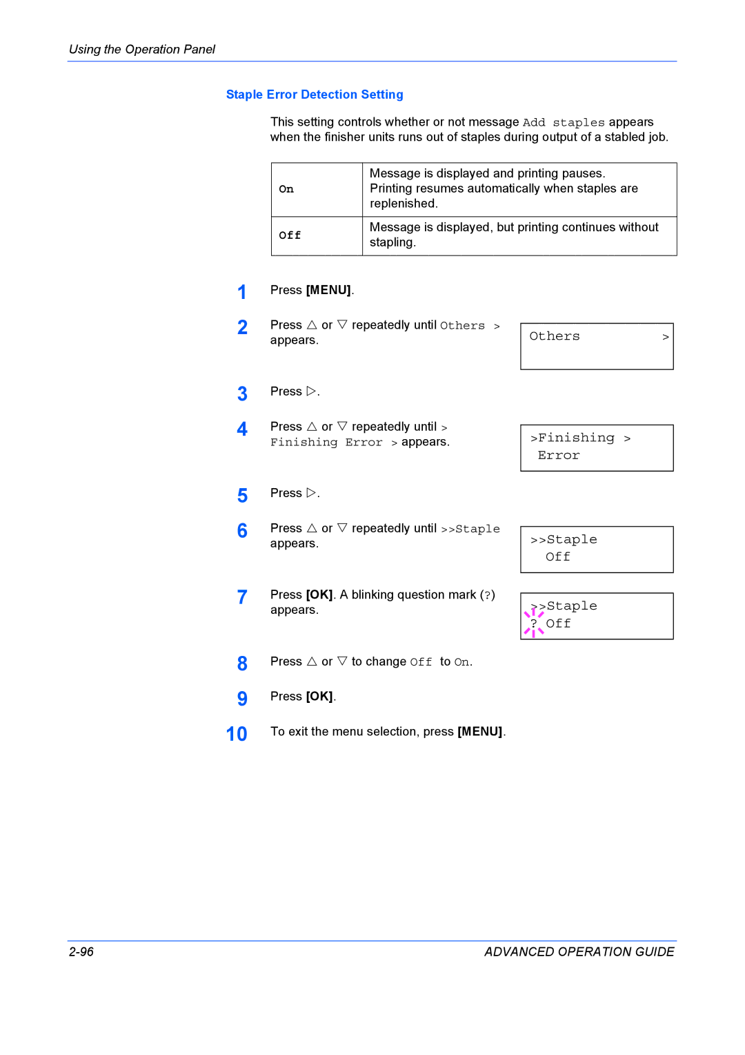 Kyocera 9530DN manual Others Finishing Error Staple Off ? Off, Staple Error Detection Setting 