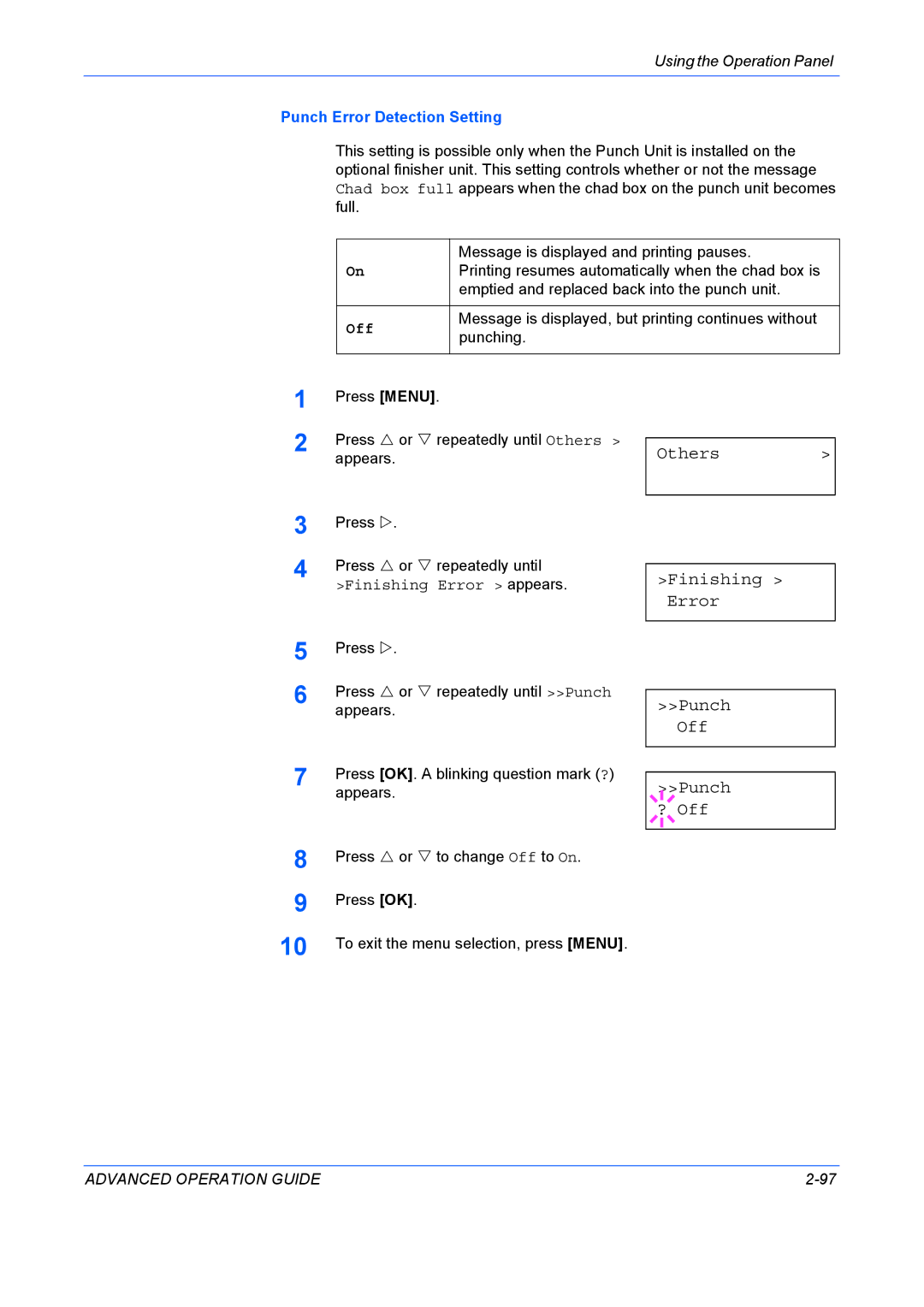 Kyocera 9530DN manual Others Finishing Error Punch Off ? Off, Punch Error Detection Setting 