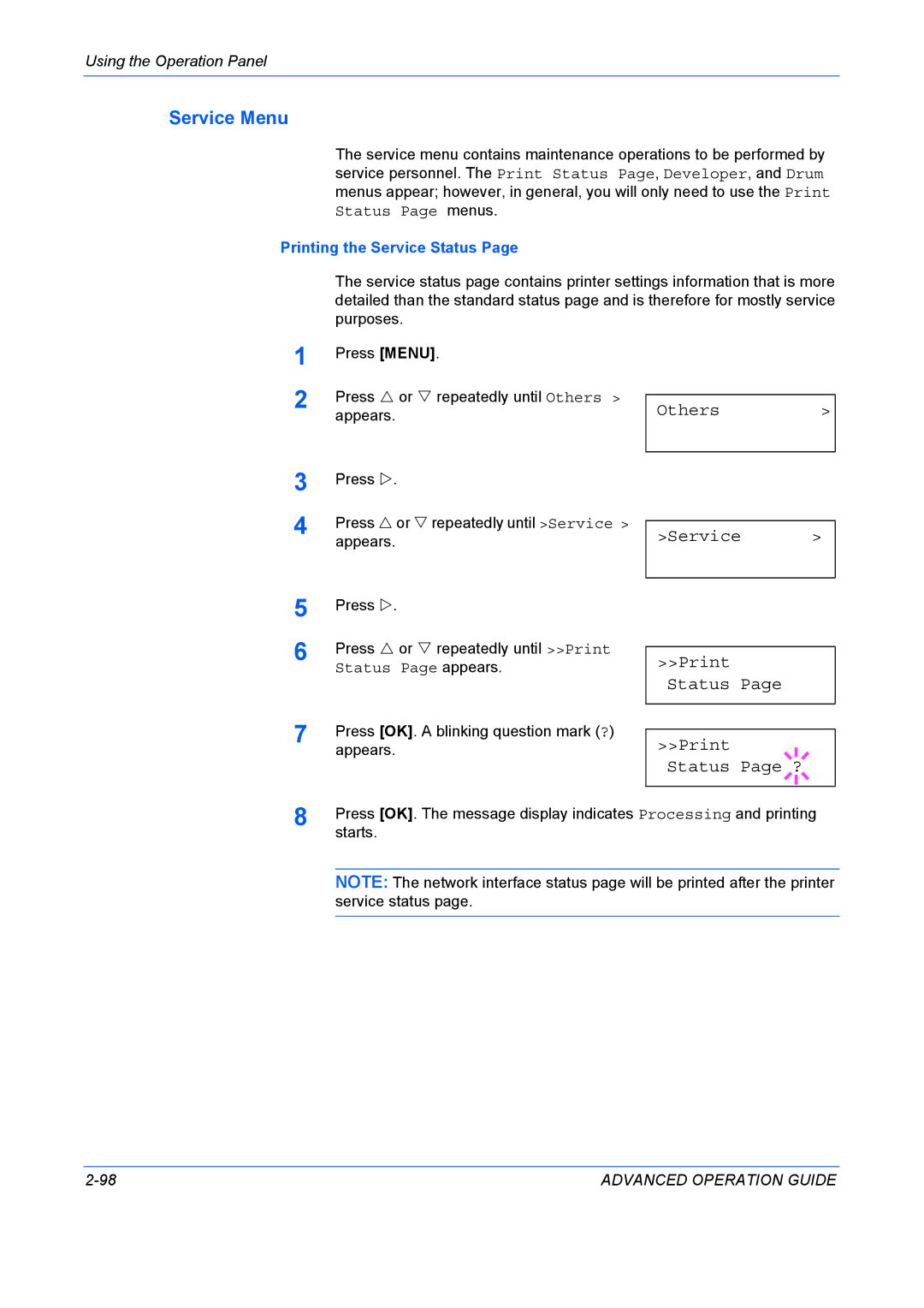 Kyocera 9530DN manual Service Menu, Others Service Print Status Print Status Page ?, Printing the Service Status 