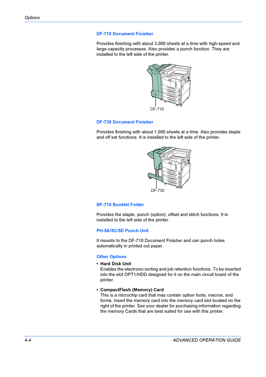 Kyocera 9530DN manual DF-710 Document Finisher, DF-730 Document Finisher, BF-710 Booklet Folder, PH-5A/5C/5D Punch Unit 