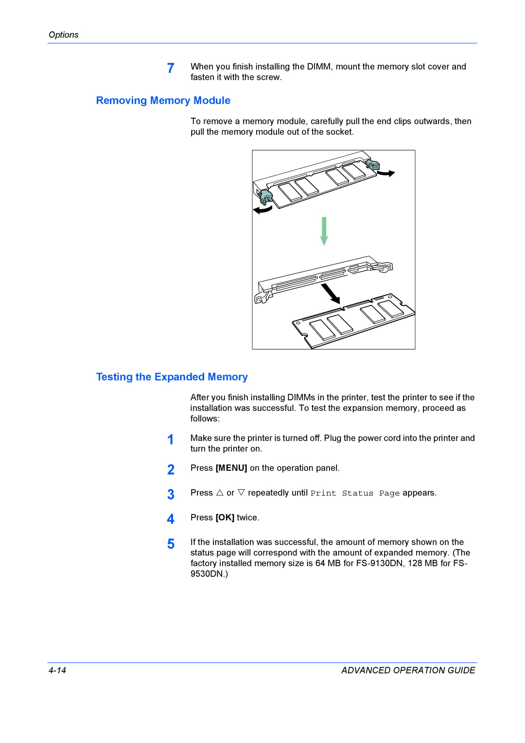 Kyocera 9530DN manual Removing Memory Module, Testing the Expanded Memory 