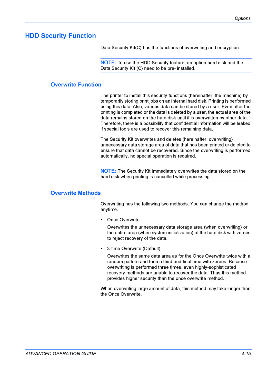 Kyocera 9530DN manual HDD Security Function, Overwrite Function, Overwrite Methods 