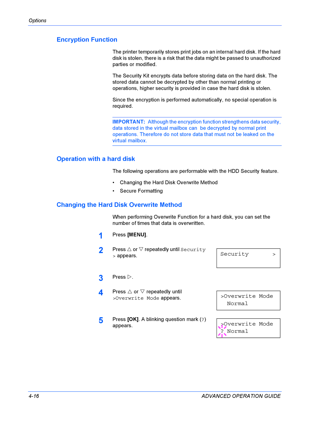 Kyocera 9530DN manual Encryption Function, Operation with a hard disk, Changing the Hard Disk Overwrite Method 