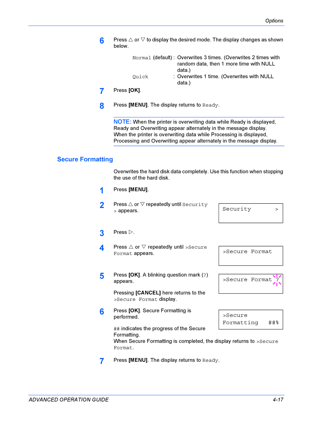 Kyocera 9530DN manual Security Secure Format, Secure Format ?, Performed.Secure Formatting ##% 