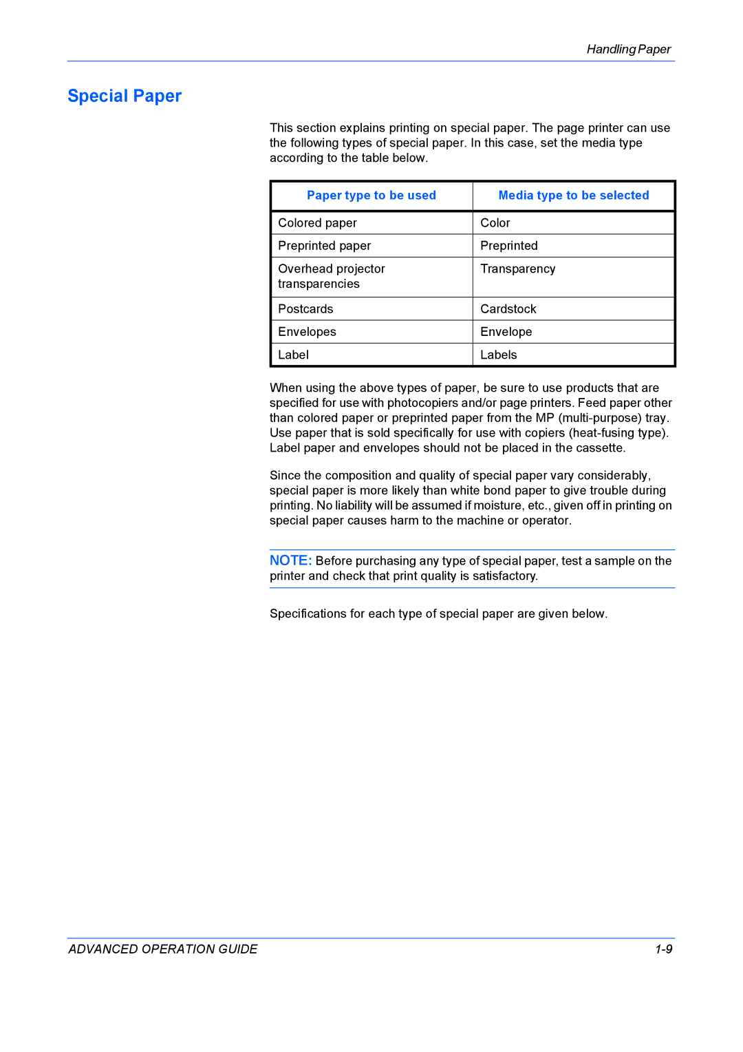 Kyocera 9530DN manual Special Paper, Paper type to be used Media type to be selected 