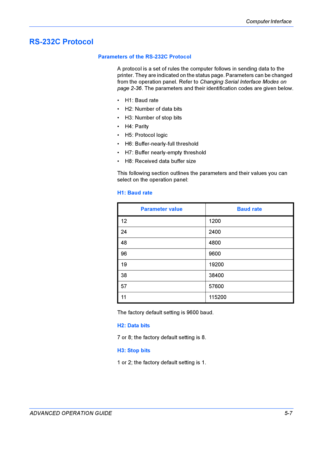 Kyocera 9530DN manual Parameters of the RS-232C Protocol, H1 Baud rate Parameter value, H2 Data bits, H3 Stop bits 