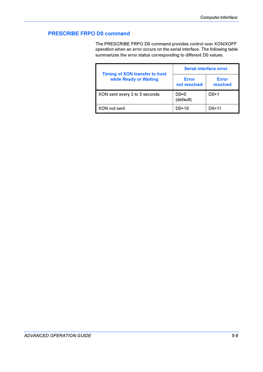 Kyocera 9530DN manual Prescribe Frpo D0 command, Timing of XON transfer to host Serial interface error 