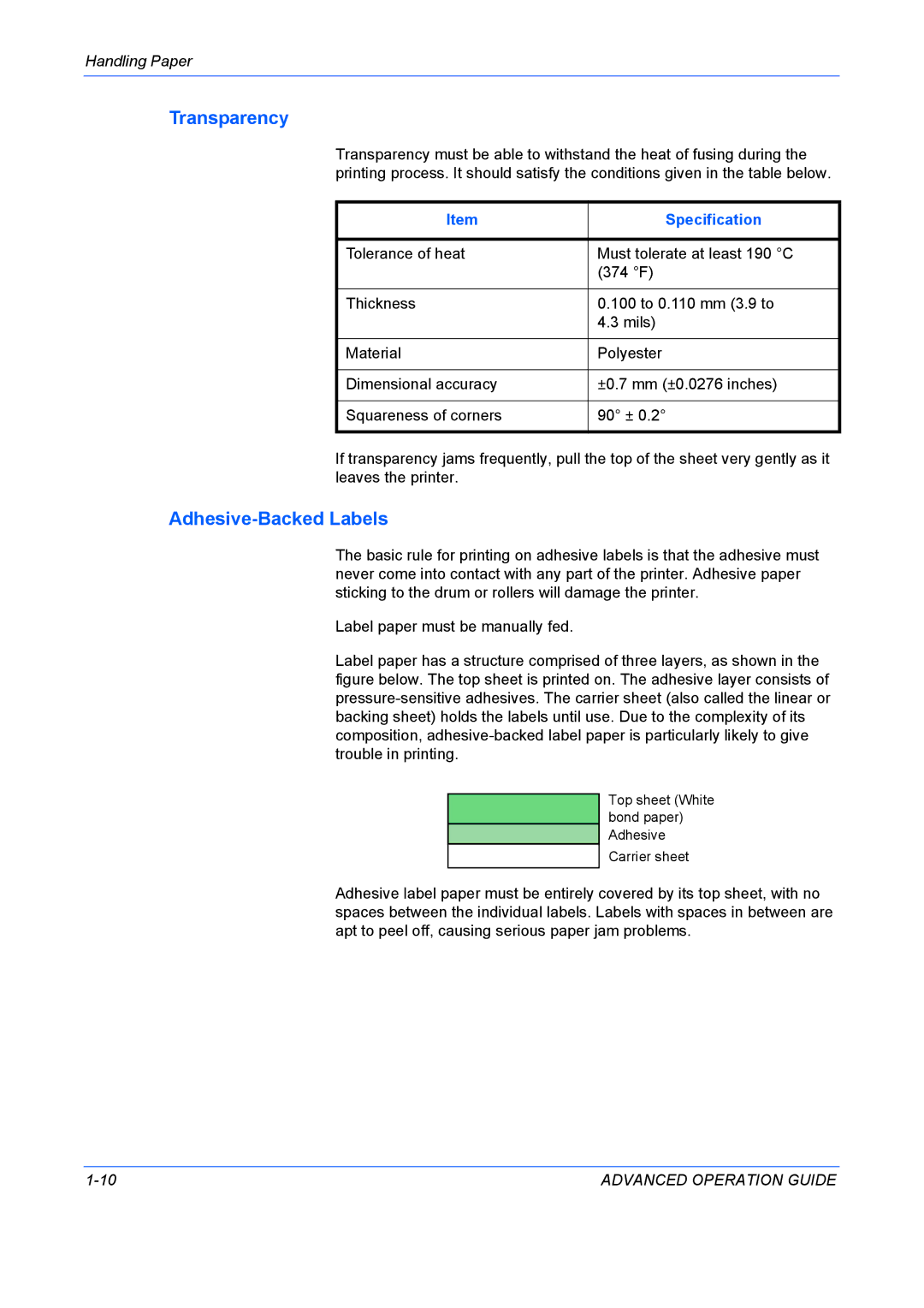 Kyocera 9530DN manual Transparency, Adhesive-Backed Labels 