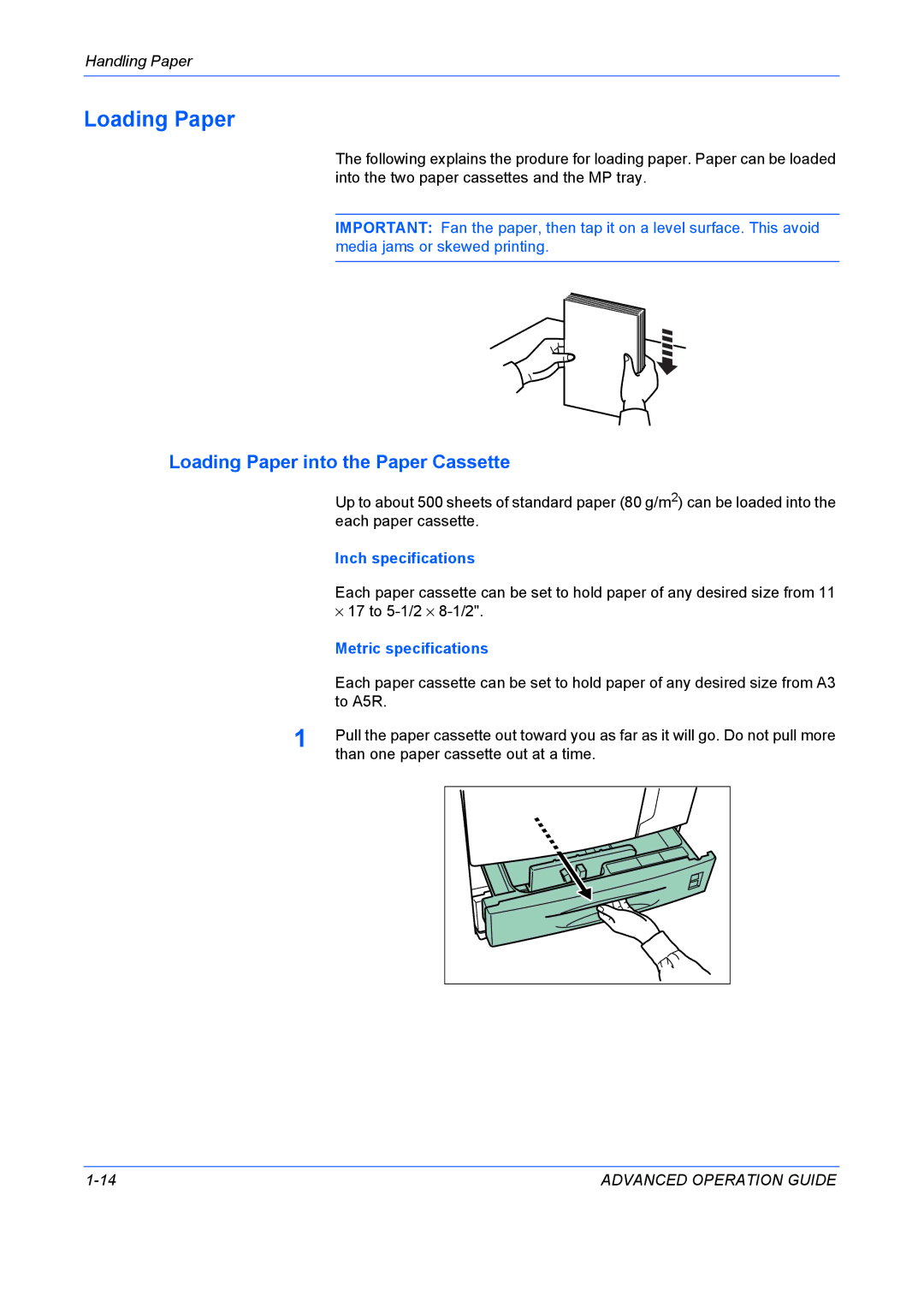 Kyocera 9530DN manual Loading Paper into the Paper Cassette, Inch specifications, Metric specifications 