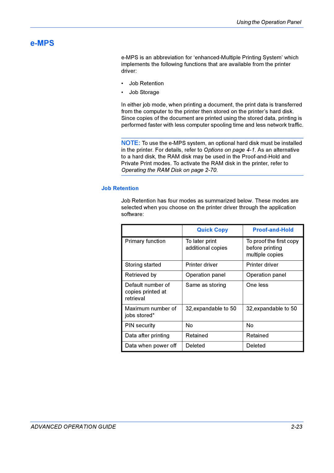 Kyocera 9530DN manual Mps, Job Retention, Quick Copy Proof-and-Hold 