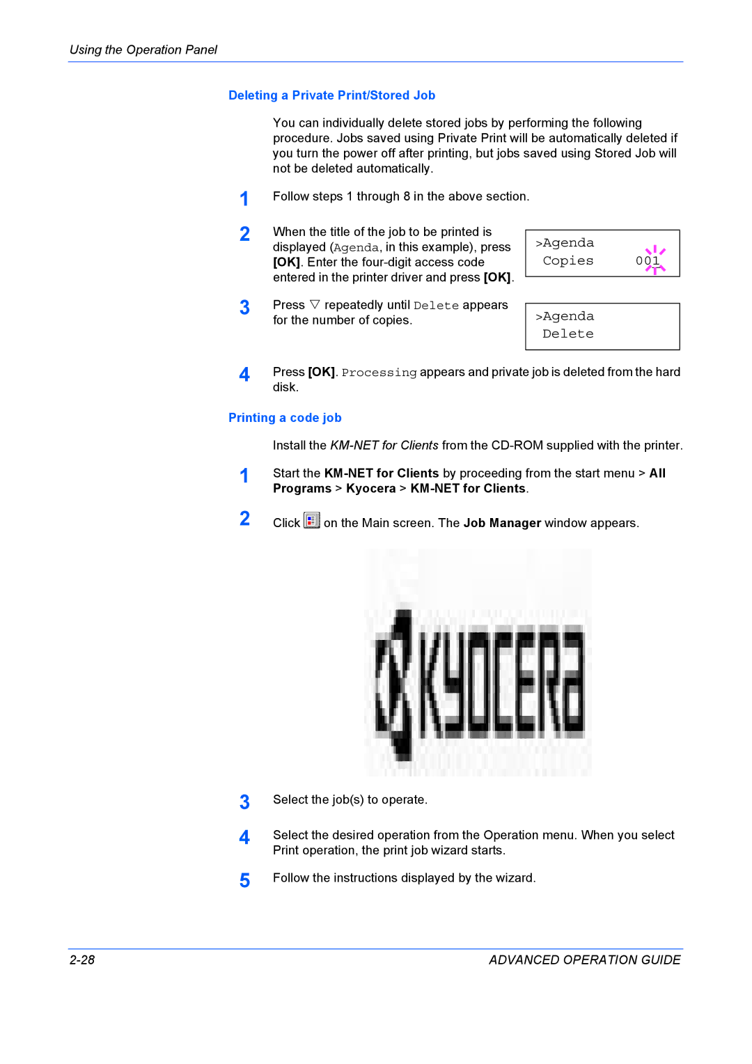 Kyocera 9530DN manual Agenda, Copies 001, Deleting a Private Print/Stored Job, Printing a code job 