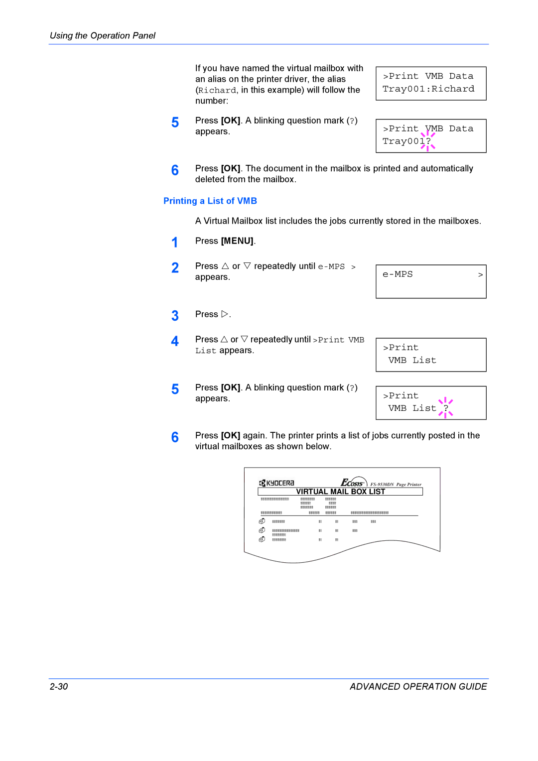 Kyocera 9530DN manual Print VMB Data Tray001Richard Tray001?, MPS Print VMB List VMB List ?, Printing a List of VMB 