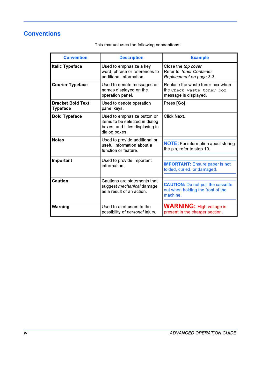 Kyocera 9530DN manual Conventions, Convention Description Example 