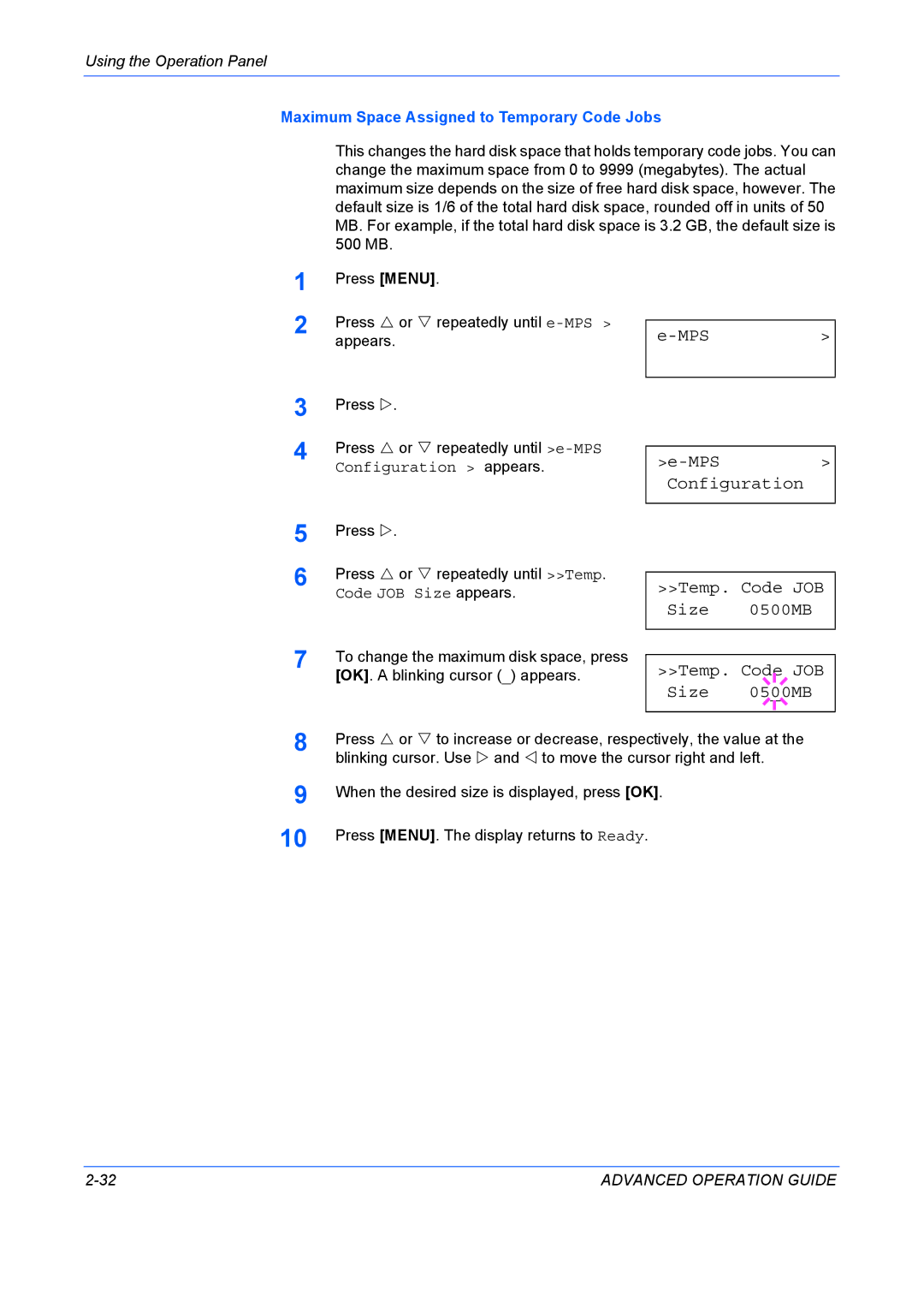 Kyocera 9530DN manual MPS Configuration Temp. Code JOB Size 0500MB, Maximum Space Assigned to Temporary Code Jobs 