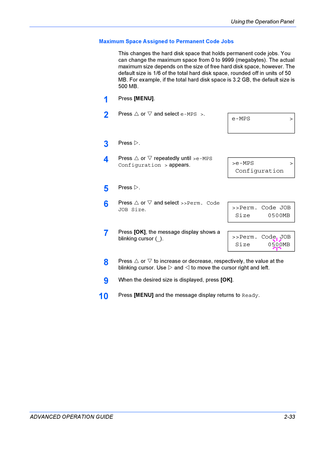 Kyocera 9530DN manual Configuration, Perm. Code JOB Size 0500MB, Maximum Space Assigned to Permanent Code Jobs 