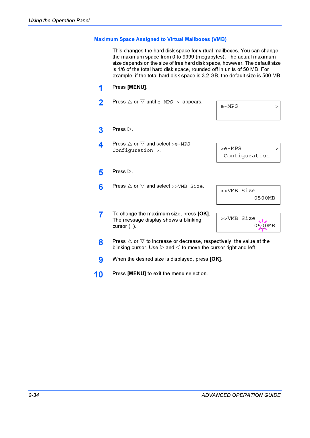 Kyocera 9530DN manual MPS Configuration VMB Size 0500MB, Maximum Space Assigned to Virtual Mailboxes VMB 