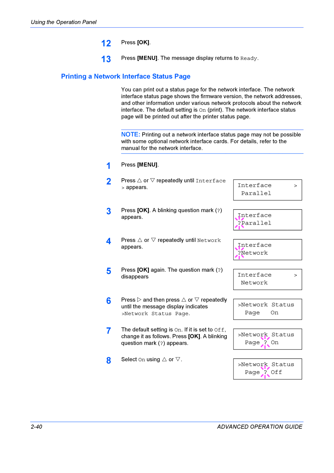 Kyocera 9530DN manual Printing a Network Interface Status, Network Status 