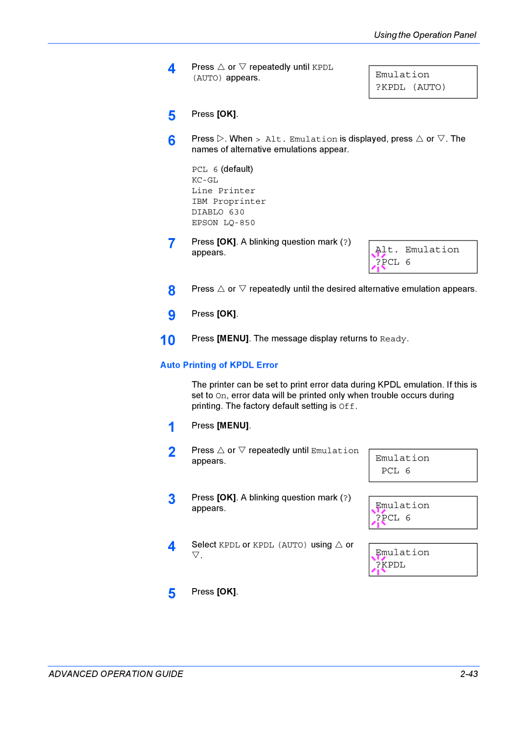 Kyocera 9530DN manual Alt. Emulation, Auto Printing of Kpdl Error 