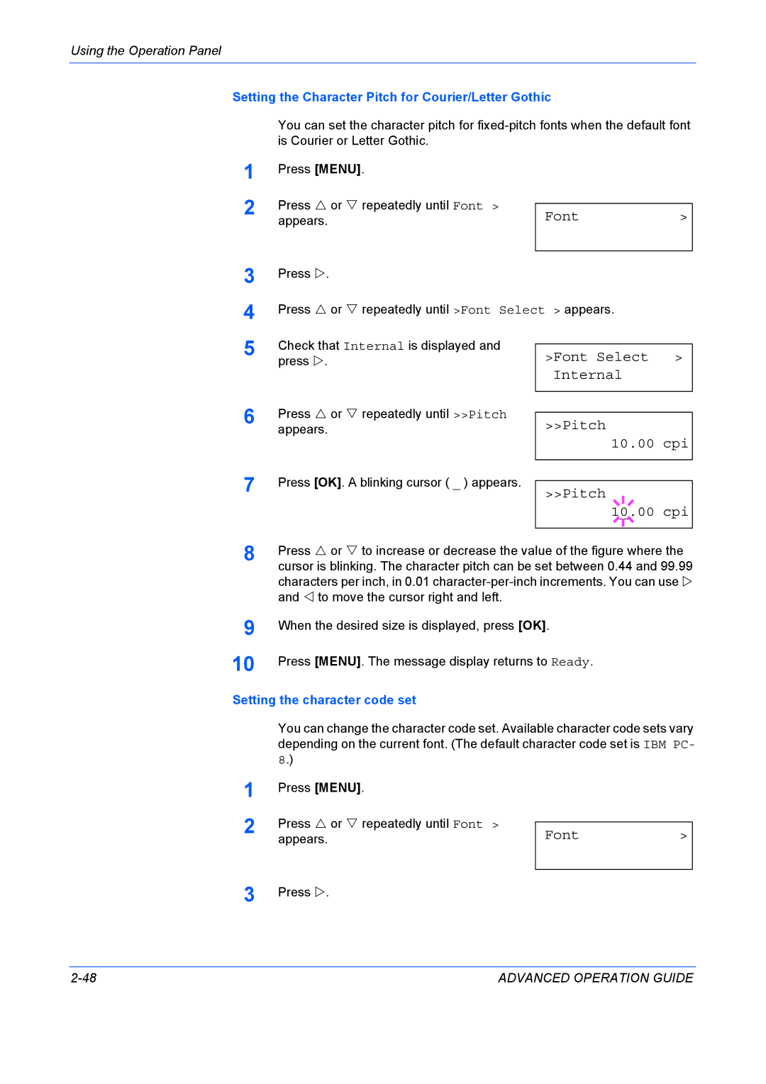 Kyocera 9530DN manual Pitch 10.00 cpi, Setting the Character Pitch for Courier/Letter Gothic 