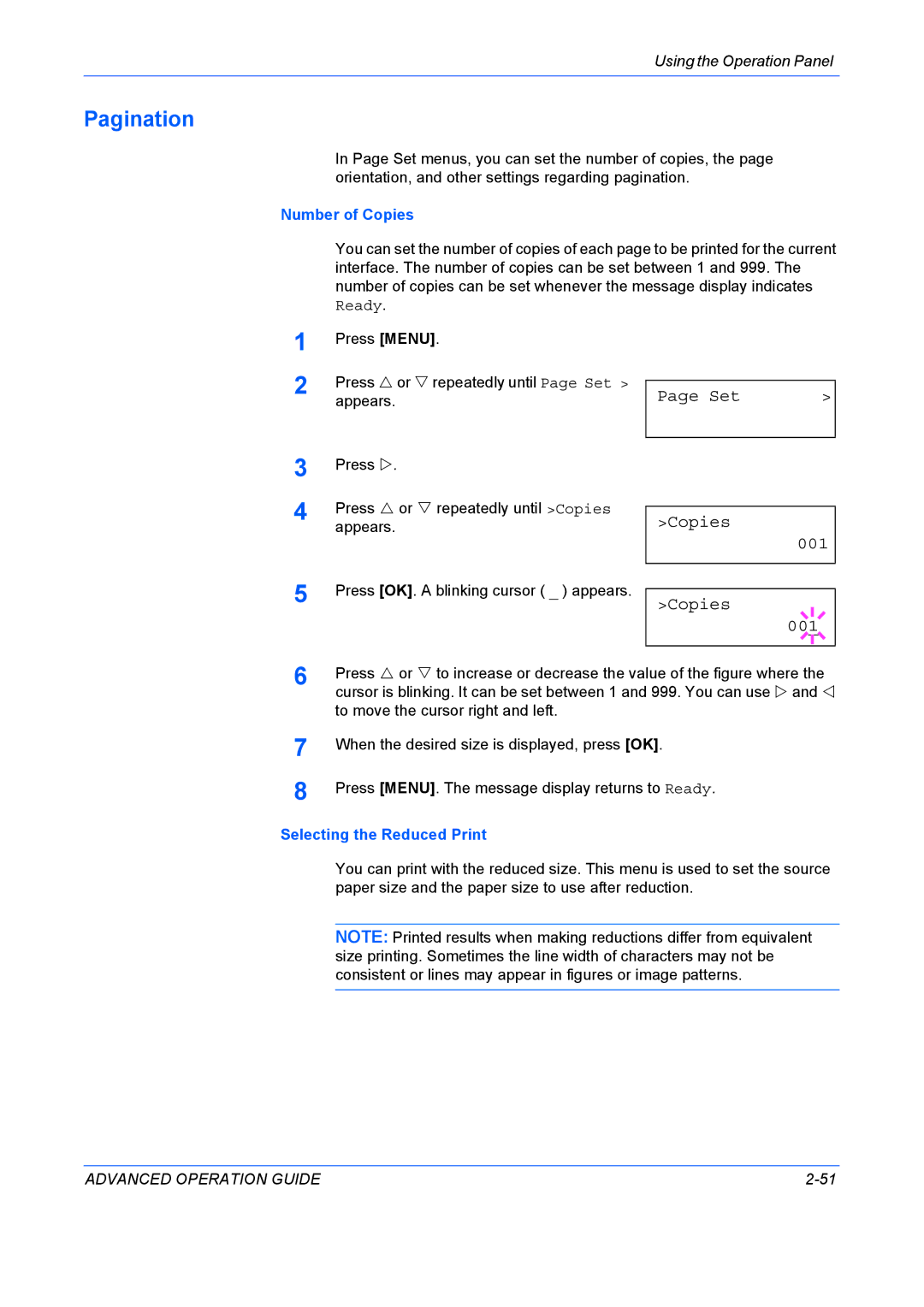 Kyocera 9530DN manual Pagination, Set Copies 001, Number of Copies, Selecting the Reduced Print 