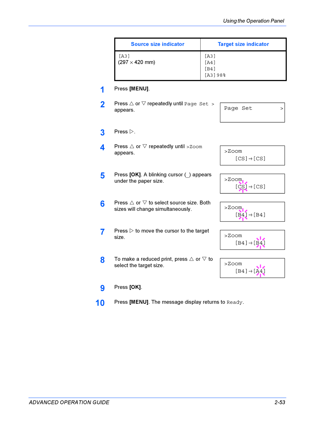 Kyocera 9530DN manual Set Zoom CS→CS Zoom B4→B4 Zoom B4→A4, A398% 