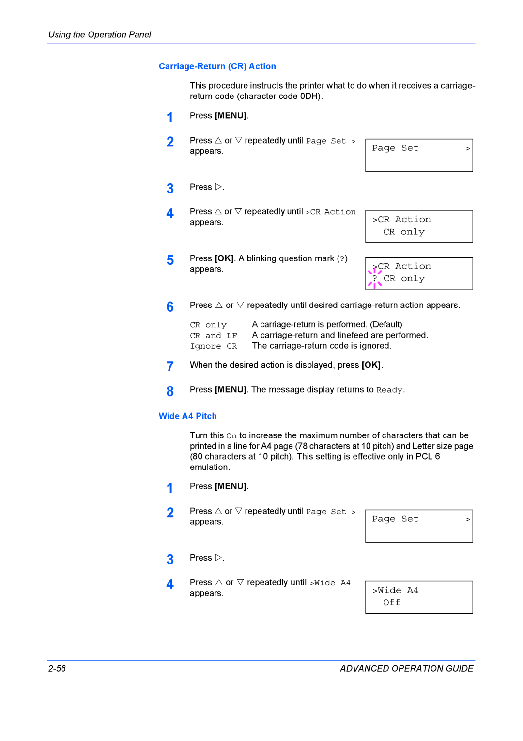 Kyocera 9530DN manual Set CR Action CR only ? CR only, Set Wide A4 Off, Carriage-Return CR Action, Wide A4 Pitch 