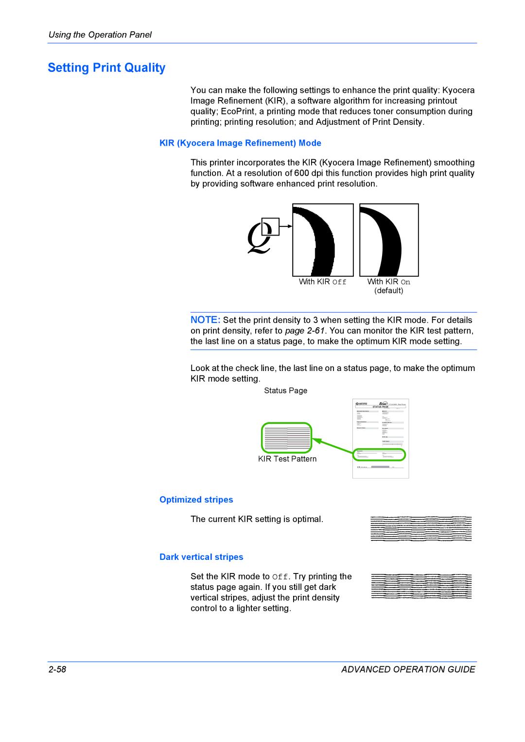 Kyocera 9530DN manual Setting Print Quality, KIR Kyocera Image Refinement Mode, Optimized stripes, Dark vertical stripes 