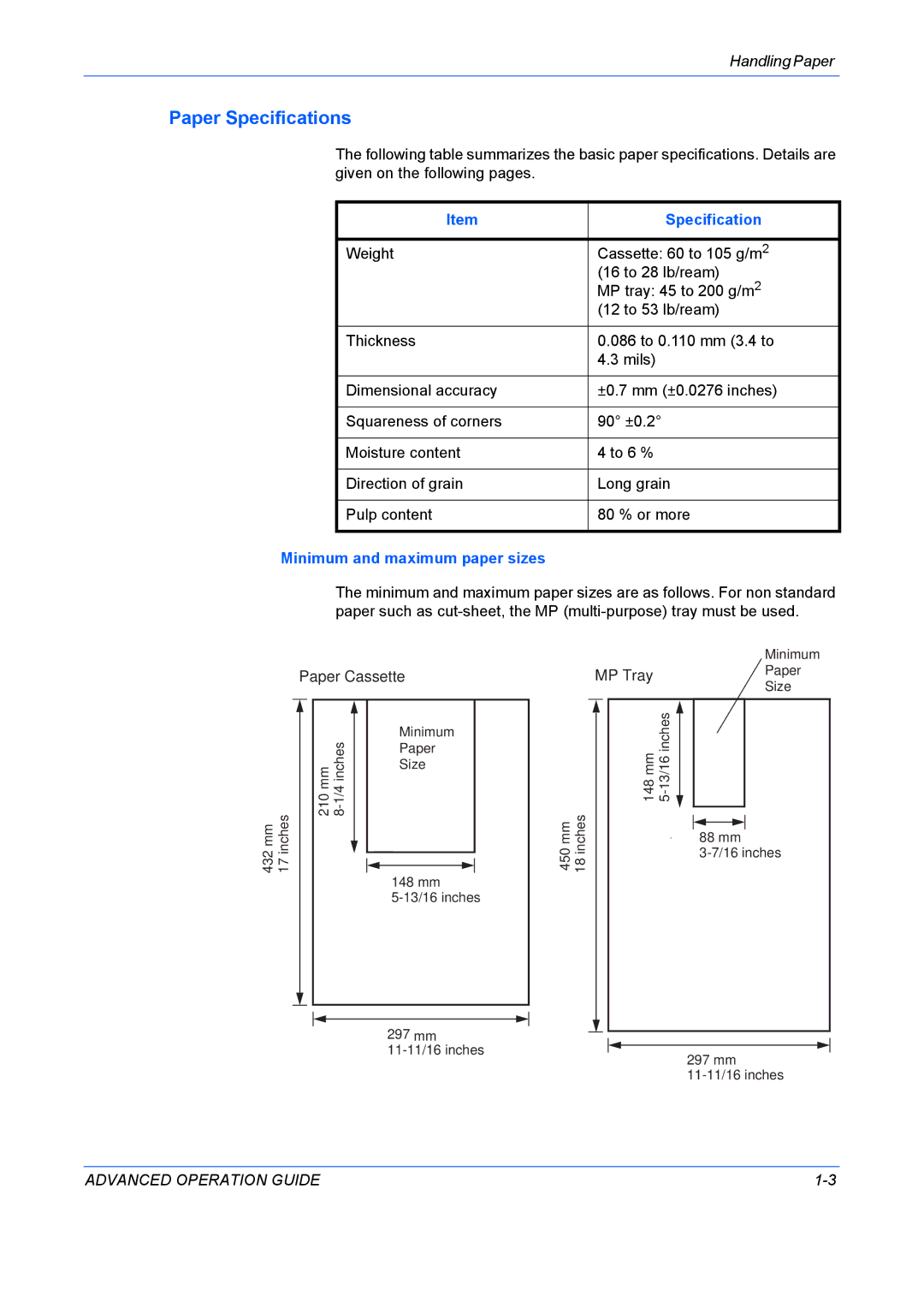 Kyocera 9530DN manual Paper Specifications, Minimum and maximum paper sizes 