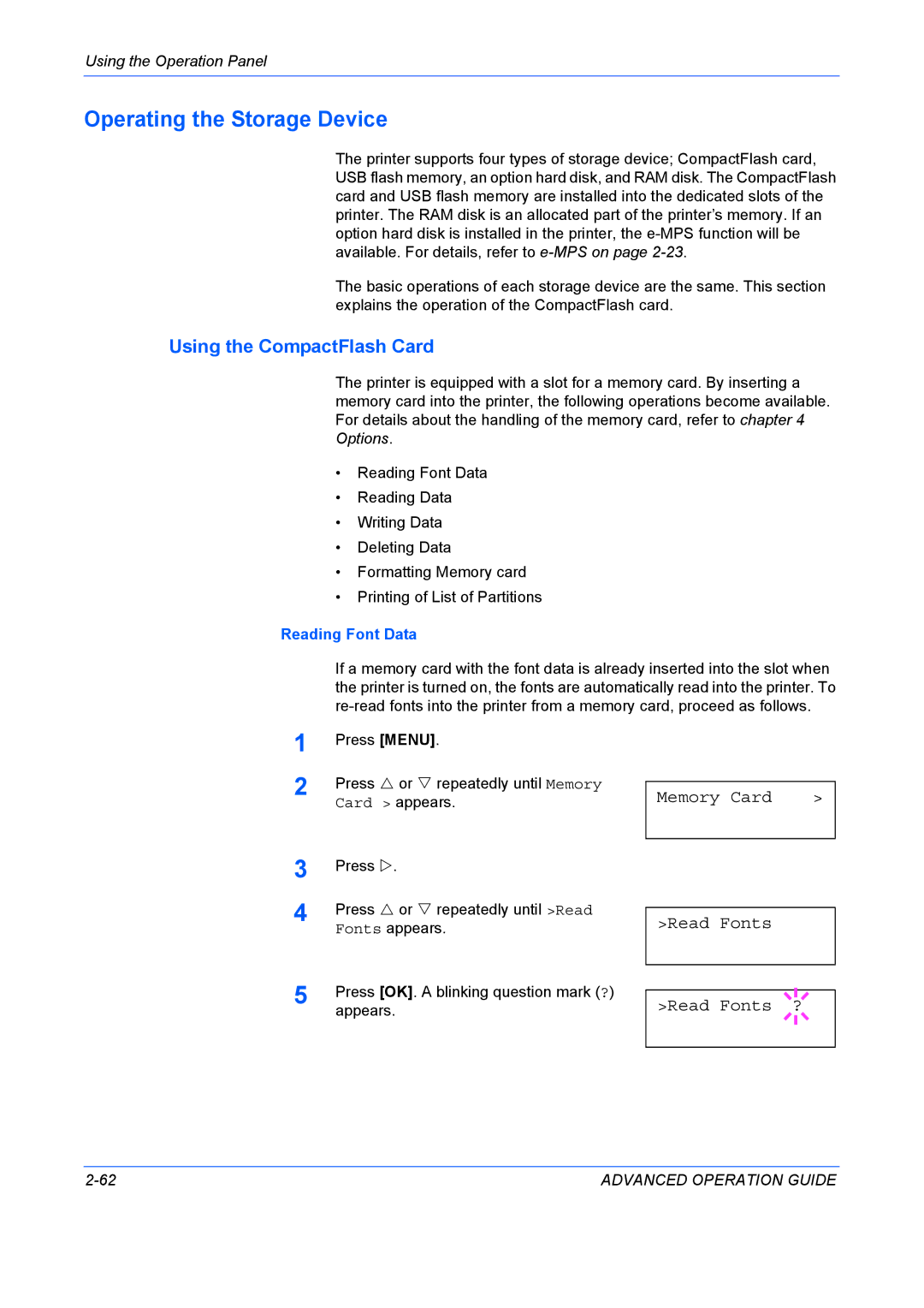 Kyocera 9530DN manual Operating the Storage Device, Using the CompactFlash Card, Memory Card Read Fonts, Reading Font Data 