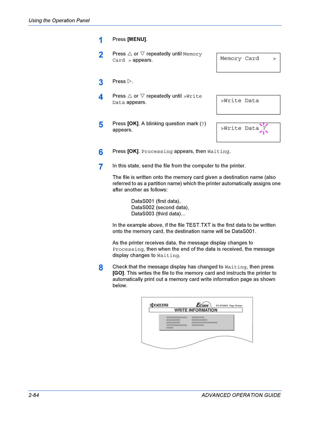 Kyocera 9530DN manual Memory Card Write Data, Write Data ? 