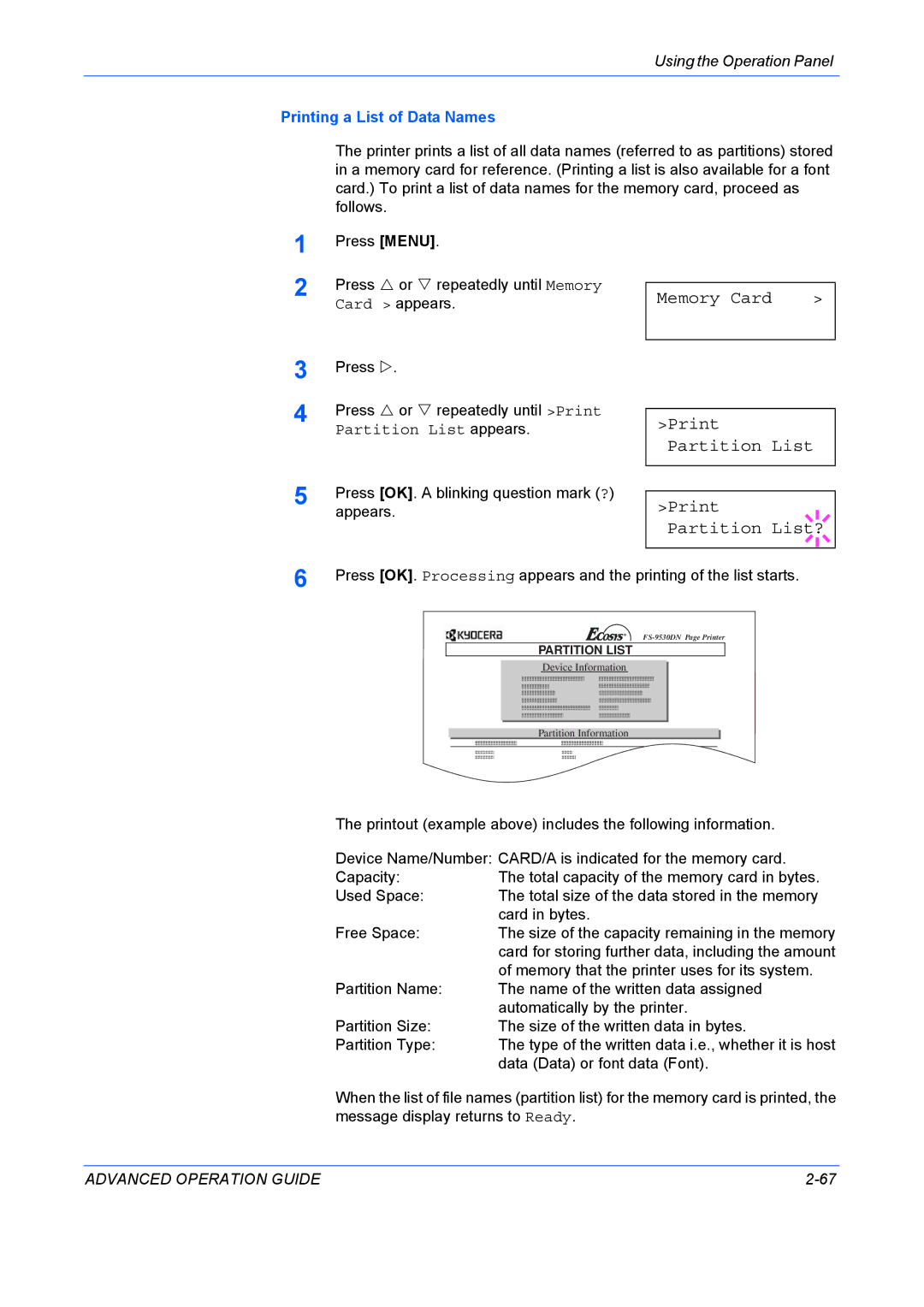 Kyocera 9530DN manual Memory Card Print Partition List Print Partition List?, Printing a List of Data Names 