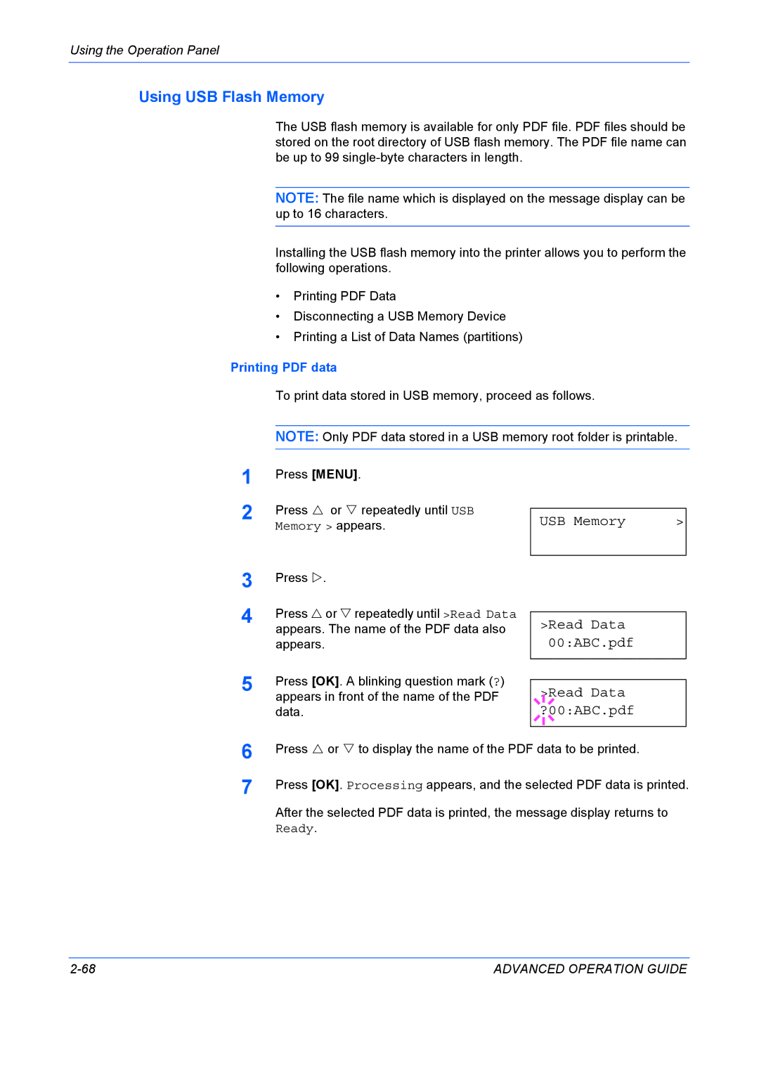 Kyocera 9530DN manual Using USB Flash Memory, USB Memory Read Data 