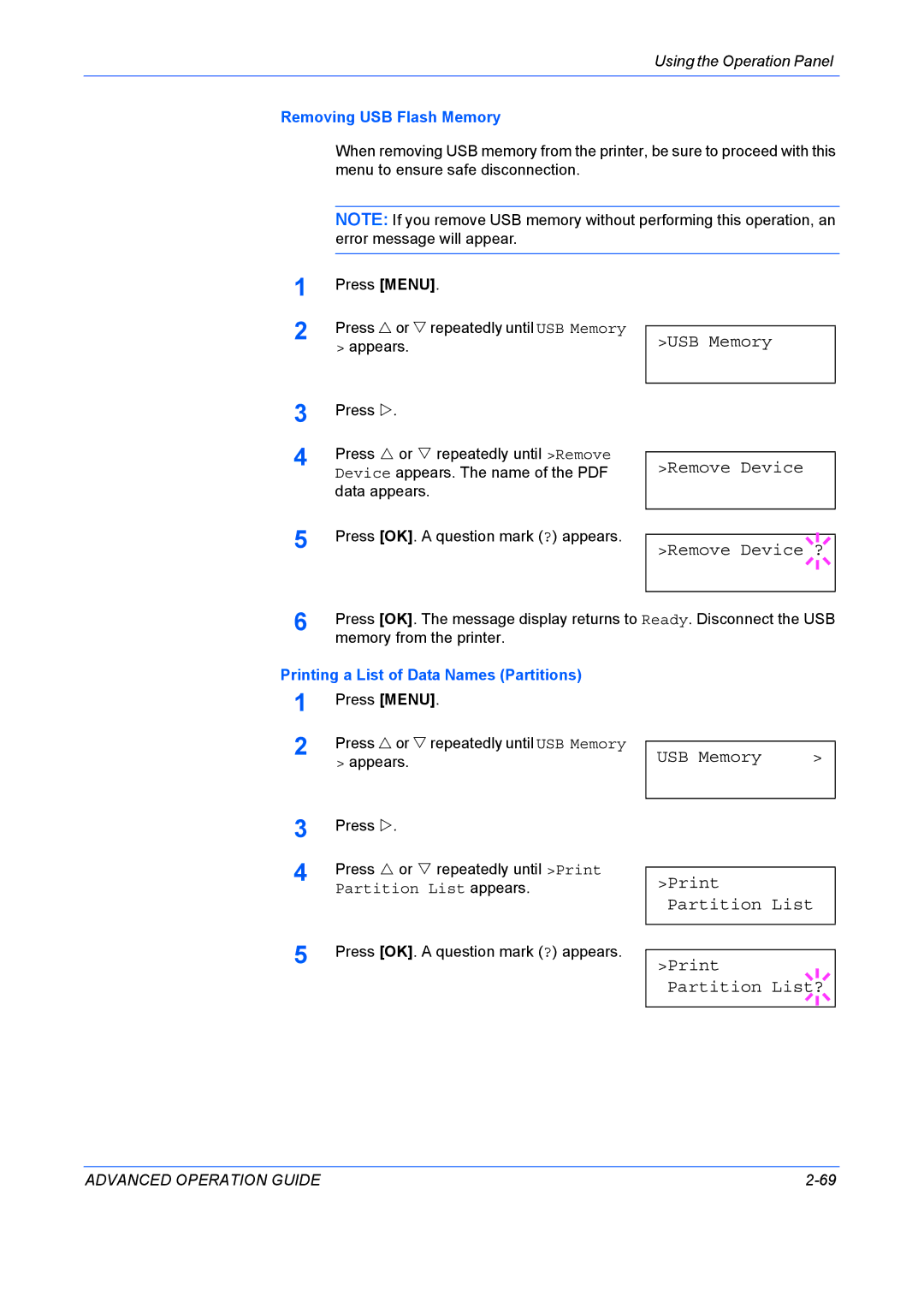 Kyocera 9530DN manual USB Memory Remove Device, Remove Device ?, USB Memory Print Partition List Print Partition List? 