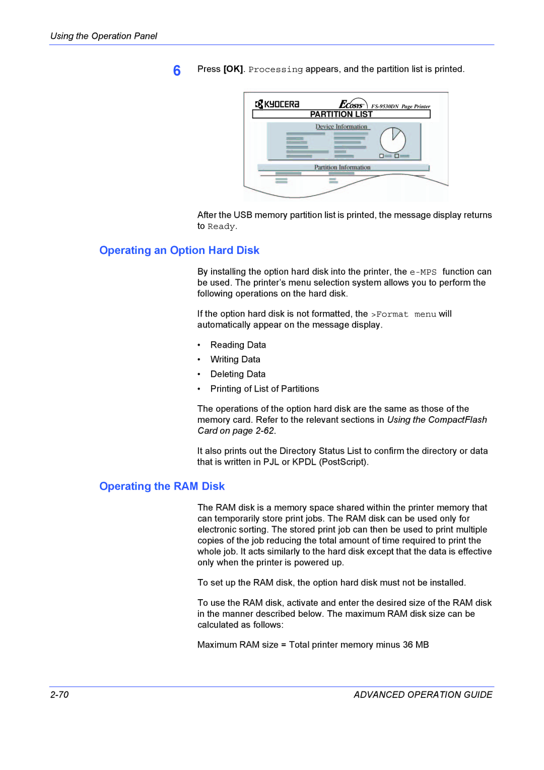 Kyocera 9530DN manual Operating an Option Hard Disk, Operating the RAM Disk 