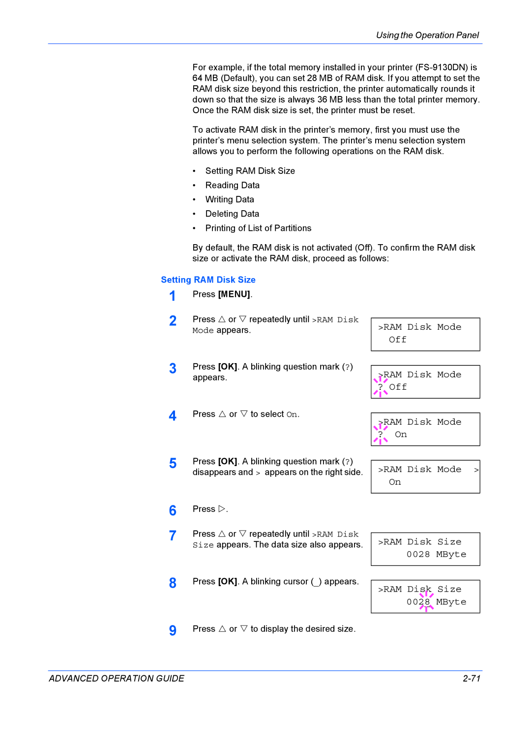 Kyocera 9530DN manual Setting RAM Disk Size 