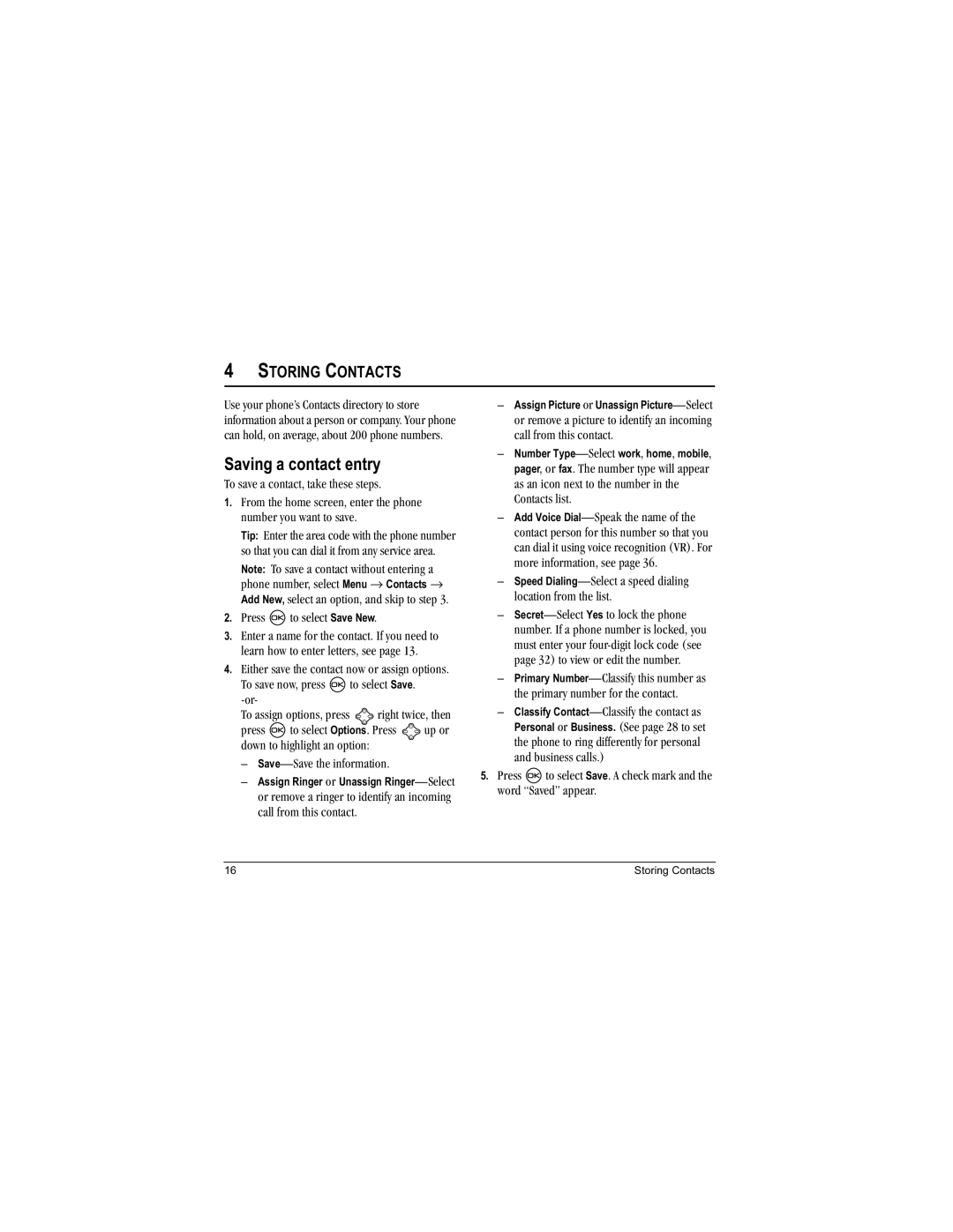 Kyocera Aktiv manual Saving a contact entry, Storing Contacts 