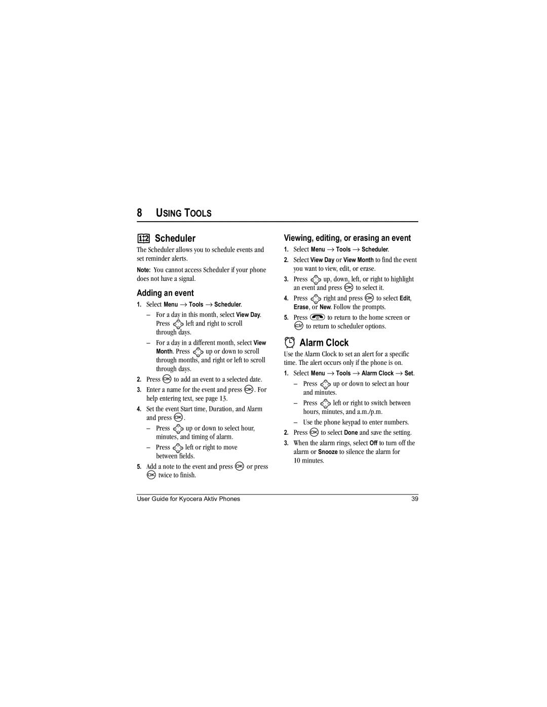 Kyocera Aktiv manual Scheduler, Alarm Clock, Using Tools, Adding an event, Viewing, editing, or erasing an event 
