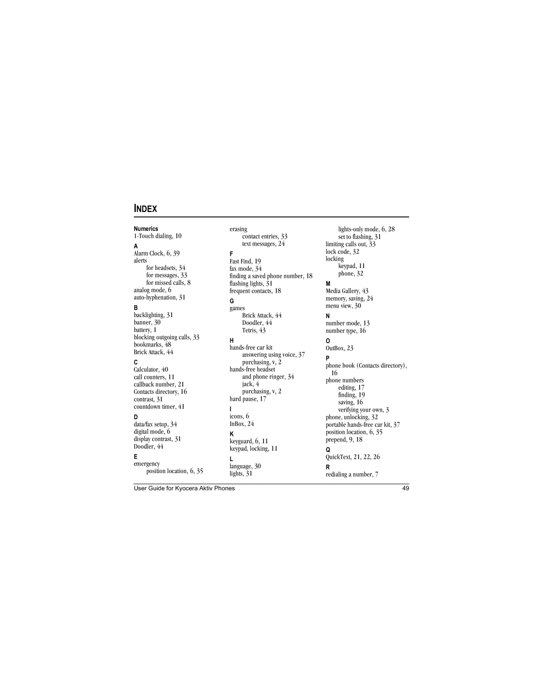 Kyocera Aktiv manual Index 