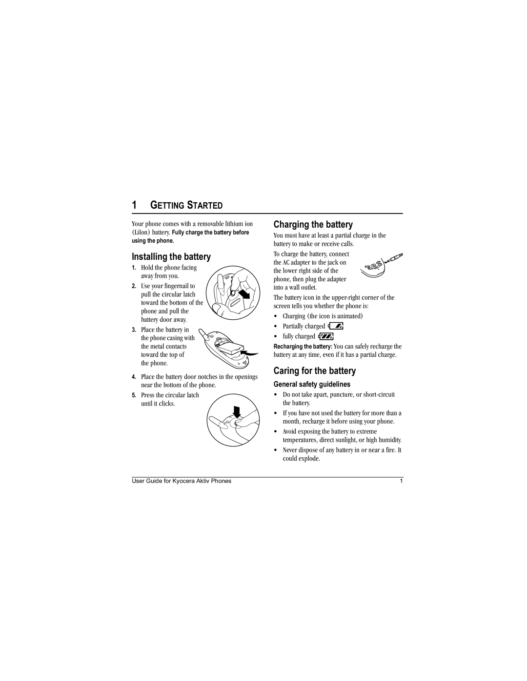 Kyocera Aktiv manual Installing the battery, Charging the battery, Caring for the battery, Getting Started 